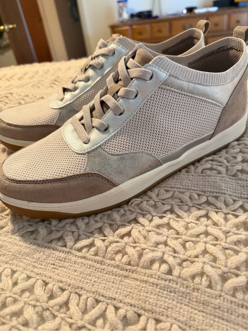 Life Stride Women's Casual Knit & Suede Sneakers - Light Beige Taupe